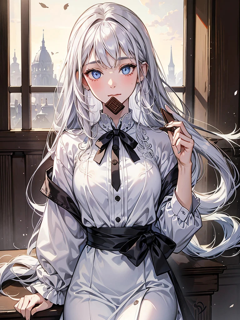 A beautiful woman with long white hair, a white shirt dress, blue eyes, holding a chocolate in her mouth