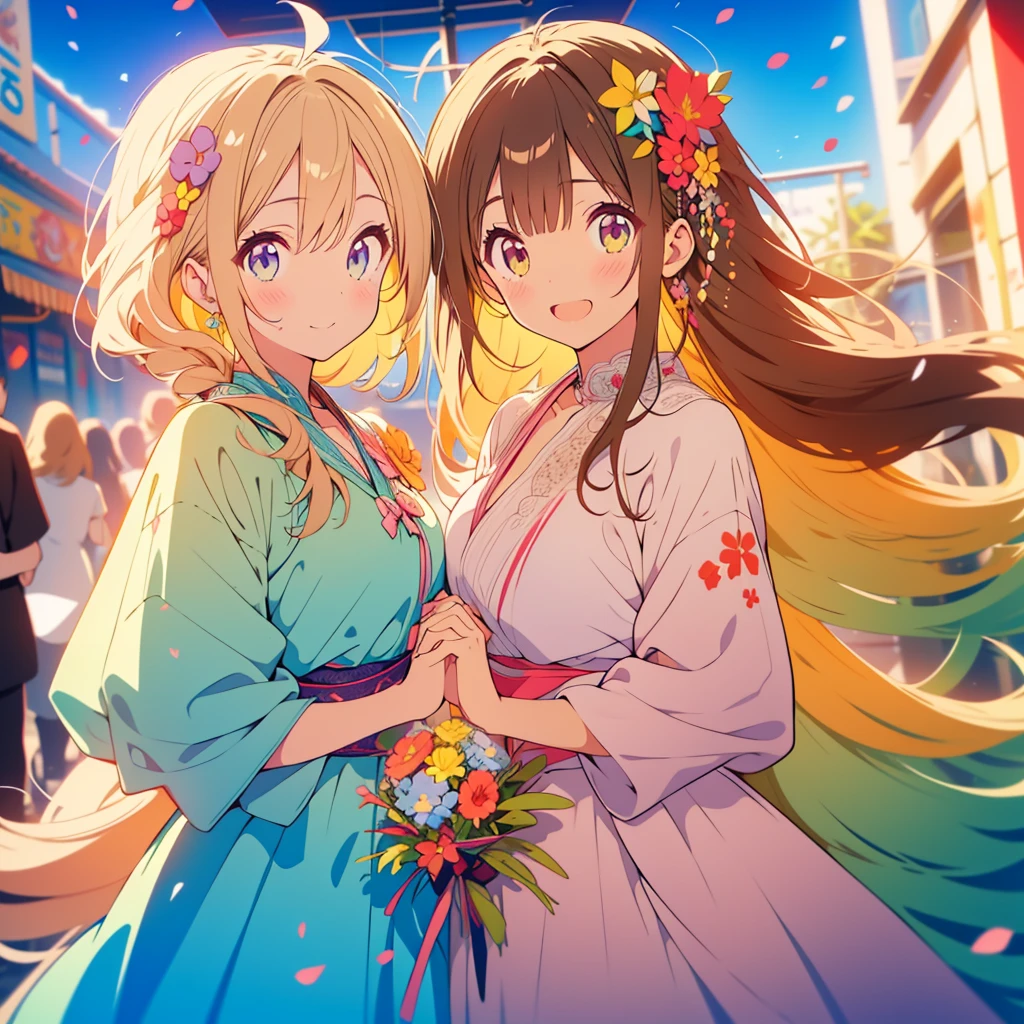 kawaii, anime, Cute, hyper quality, highly detailed, 8k, Clarity, Draw facial expressions in detail, Girl with long dark brown hair and green eyes, Girl with long bright blonde hair and violet eyes, hold hands, smile and laugh, celebration, bouquet, clear sky, Only two people are drawn, surrounded by colorful flowers, rainbow colored dress, Rich in color, colorful, Blur the background, pastel colour, highlight on eyes,