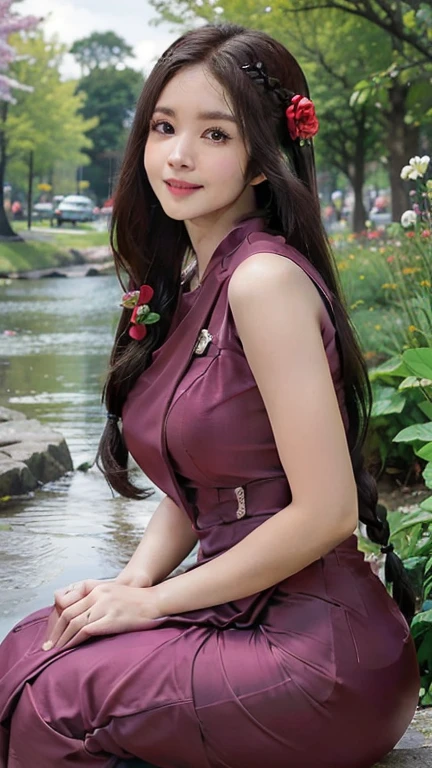 (best quality,4k,8k,highres,masterpiece:1.2),ultra-detailed,(realistic,photorealistic,photo-realistic:1.37),HDR,UHD,studio lighting,ultra-fine painting,sharp focus,physically-based rendering,extreme detail description,professional,vivid colors,bokeh,portrait,beautiful detailed eyes,beautiful detailed lips,extremely detailed eyes and face,longeyelashes,a glamorous woman with braids hairstyle,smiling,dimples,a red dress,posing,colorful flowers garden,a cherry tree,a stream
