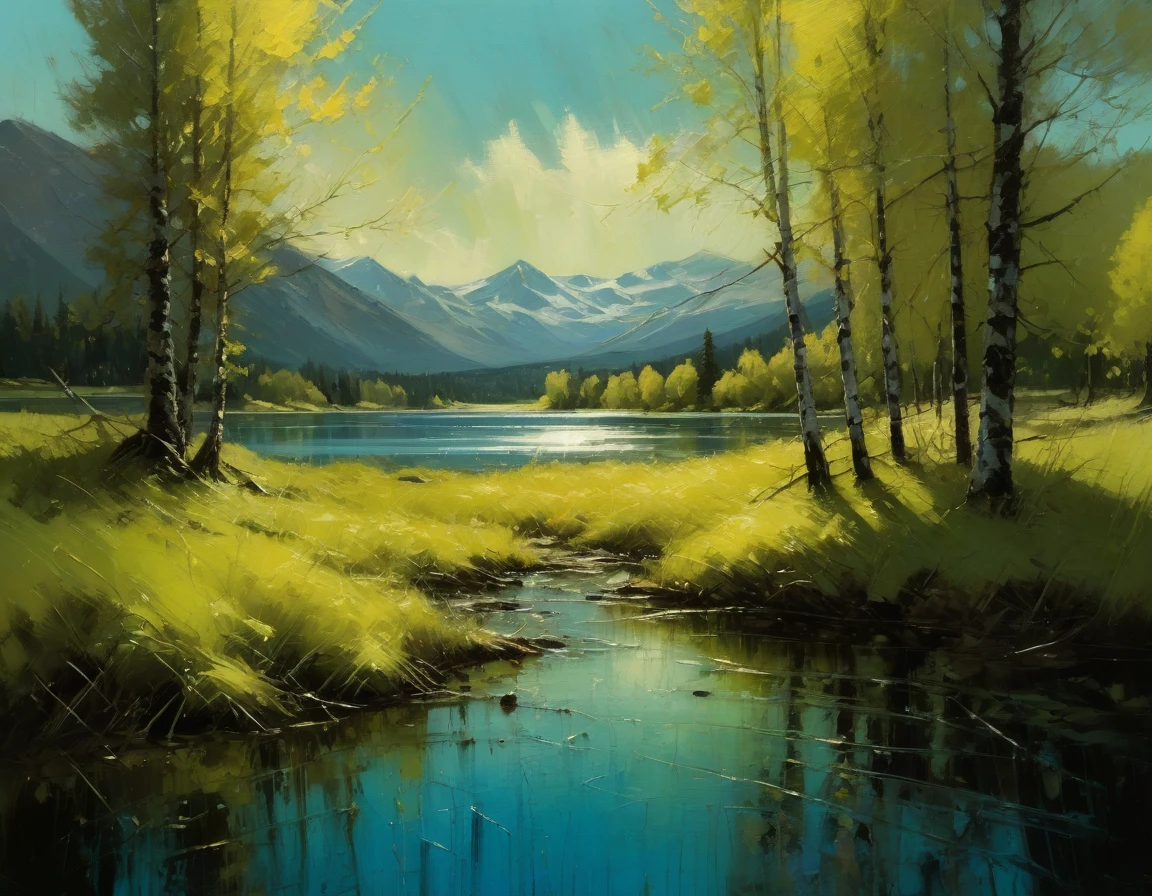 Jeremy Mann. (Nature and Landscapes painting) (Masterpiece, Best Quality, Impasto, Best Quality painting ), Impasto oil painting, textured. Saturated deep colors. High contrast. Detail. Multi-layered image with cellular shadows. Beautiful Landscapes, Artistic gradation in dimensions, A view of a lake in Canada Perfect Nature, Canada wildlife and nature landscapes, maple trees, maple leaves, Grassland, Spring vibrant colors, especially featuring local flora and fauna, golden ratio, award-winning, highly detailed, centered, drawn, complex, volumetric lighting, beautiful, masterpiece, depth of field, perfect composition, high resolution 8K, palette knife and brush strokes, Artistic style Ivan Shishkinl artist.