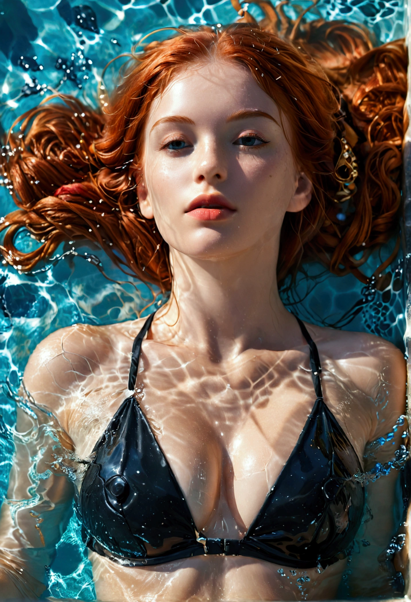 (full body shot:1.1) photorealistic image of a (laying pose:1.1) woman, ultra realistic, photography, long red hair, girl, 24 years old, hourglass figure, perfect body, Flirty look, natural medium breasts, blur background, she is floating in a pool, she wears a sexy black thin bikini, she is relaxing