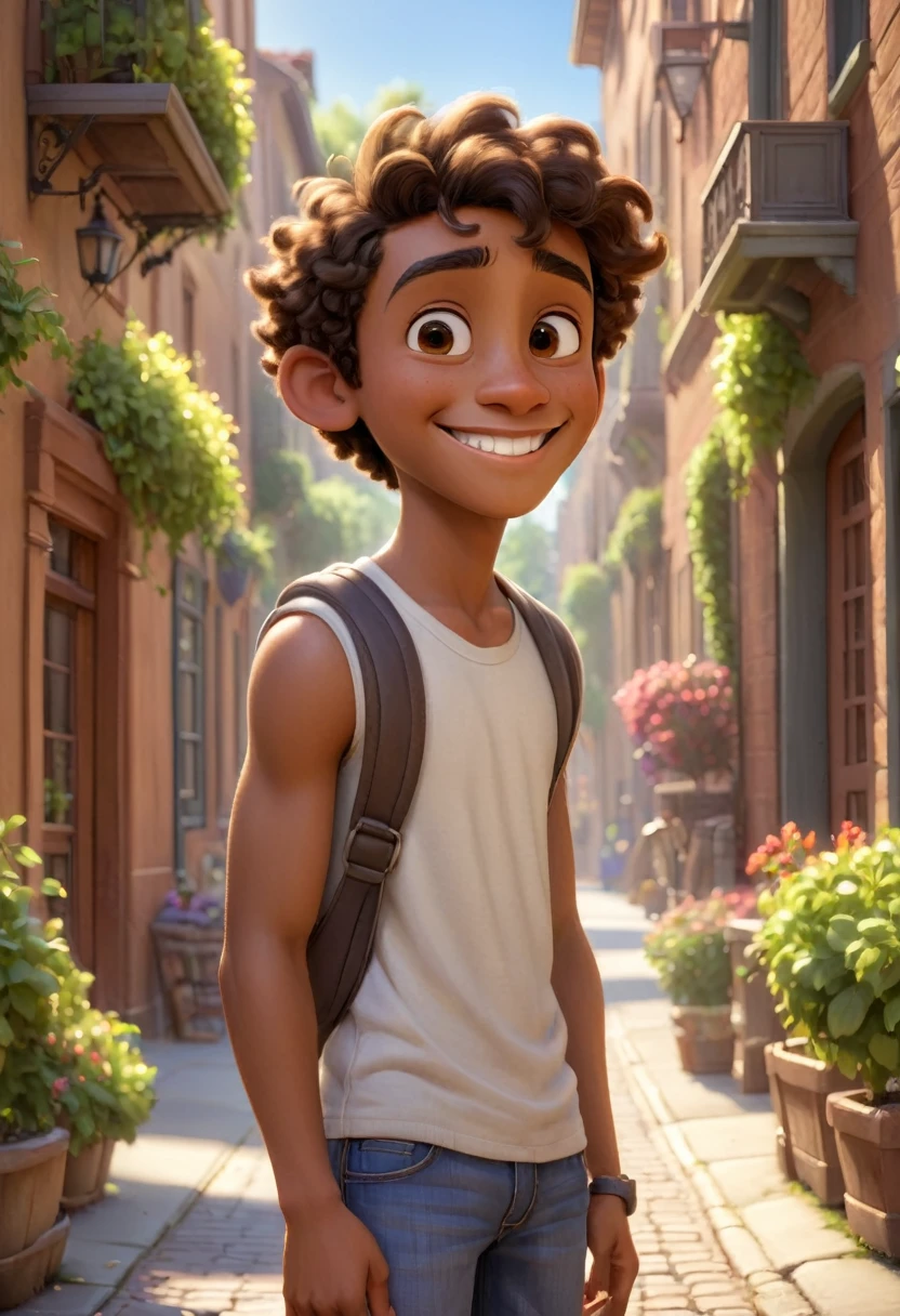 A handsome, slightly brown skinned age male slightly muscular. Smiling in the warm day lighted. High-quality hdr Pixar picture.