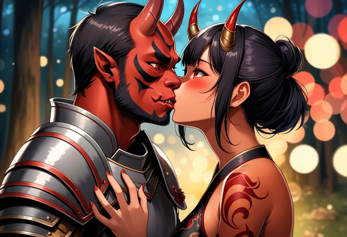 8K, RAW, best quality, masterpiece, ultra high res, colorful, portrait, (medium wide shot), (dynamic perspective), sharp focus , (depth of field, bokeh:1.3), extremely detailed eyes and face, beautiful detailed eyes, 
couple, hugs, kiss, kissing, passion, love, moment, 
(1girl, Japanese, Oni, demon, Oni horns, red skin, slander tail, long black hair, red eyes, breasts bandage, medium breasts:1.5), 
(1man, Human, Caucasian, human Knight, plate armor, muscular, {horns, demon:1.5}, pale skin, stubble, short black hair, brown eyes:1.5),
near campfire, lean back to tree, looking at viewer, facing viewer, right side view, forest background, dark forest, night time