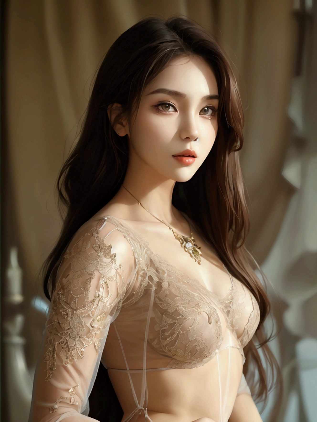 (Masterpiece), (Camera image: 1.5) Full body photo, realistic, 24-year-old beautiful woman, long legs, exposed thighs, ((beige transparent tulle dress)) unparalleled eyes and eyebrows, clear and bright natural plain eyes, unparalleled beauty and elegant figure, ((Japanese lace bra)), ((Japanese lace panties)), beautiful eyes (black eyes), long black hair, perfect anatomy, fair skin, hands, symmetrically balanced body, stunning beauty, Delicate hairstyle, slim figure, golden ratio, super clear focus, a woman without makeup, pure face, reasonable facial proportions, coordinated facial features, reasonable and natural facial structure, slim legs, intricate details, 8K post-production, high resolution, super detail, high buckle, delicate silver crystal decorative hair accessories, cinematic light, almost perfect, smooth, soft natural light, large wave hairstyle, very feminine