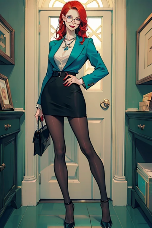 (full body:1.4),Tall, slender ((redhead)) woman of Irish descent. (pale:1.3)complexion. blue eyes, cute butt, nice legs. Kind eyes, cute smile. Eyeglasses, Mascara, red lipstick, necklace, green blazer and pencil skirt, blouse, black pantyhose, stiletto heels. Lawyer, in office.