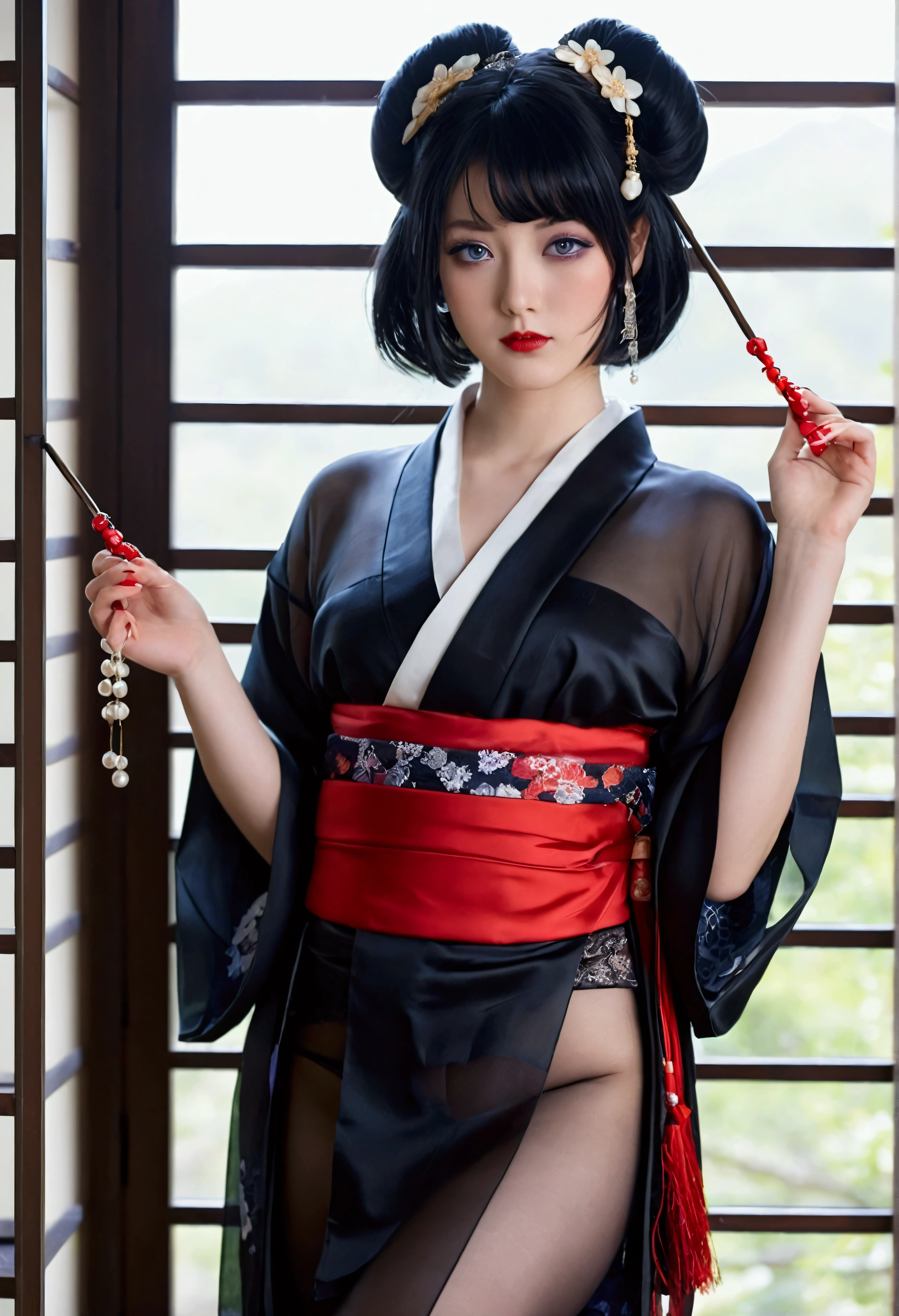 1 girl, alone, looking at the viewer, blue eyes, black hair, hair ornaments, Upper body, kimono, kimono, sash, compensate, lipstick, red nails, red lips, Hairpin,silk stockings ,See-through hakama, dark purple eyes, ,Open Crotch See-Through,Black face veil , black nylon , silk stockings ,See-through hakama、透けた黒い色のkimono ,sheer ,enamel high heels,pearl necklace,red collar,straight, shortcut, hair ornaments, lingerie