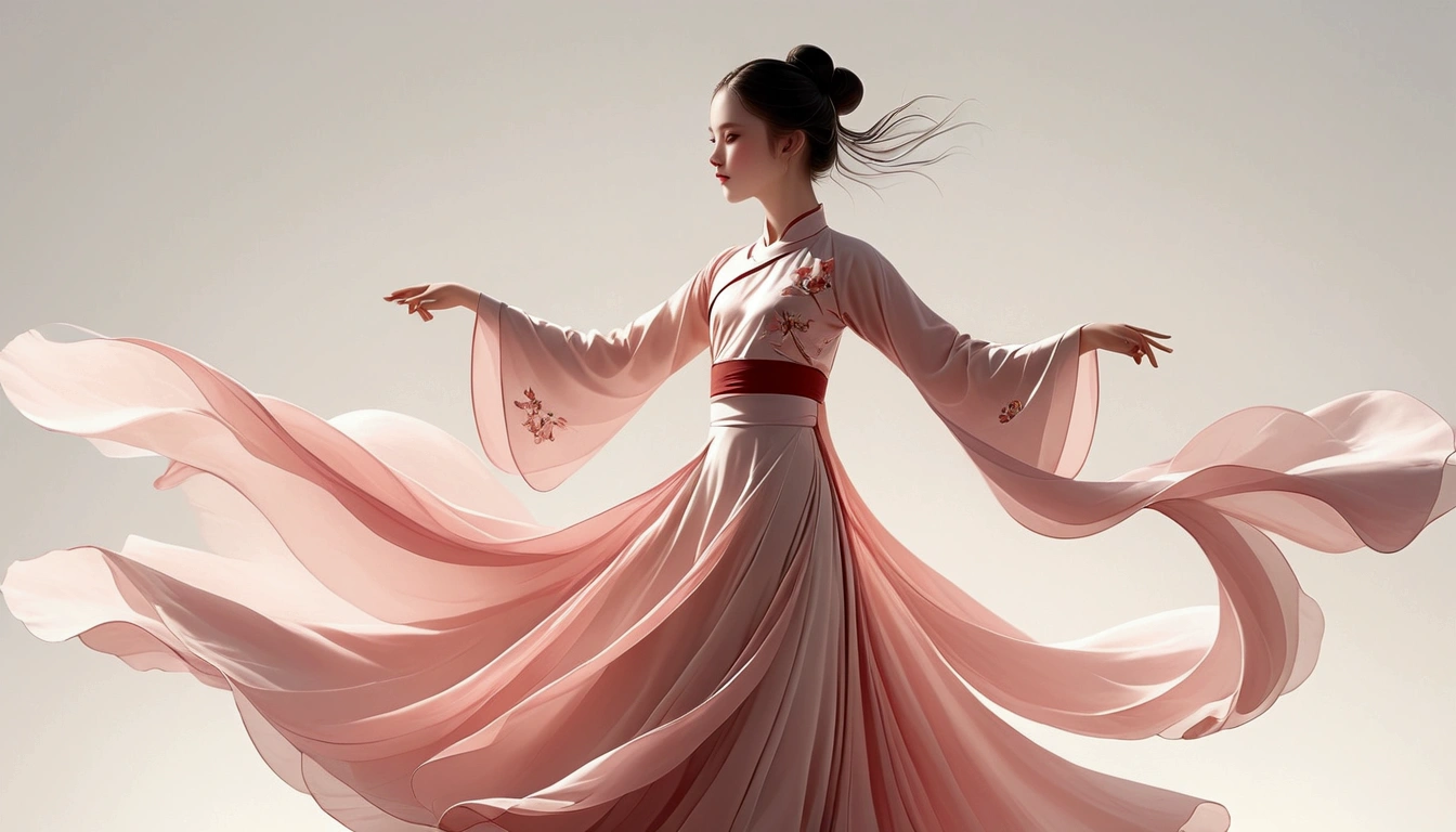 Dance photography;A dancer,Solitary;A little girl in a gorgeous long dress,Princess dress,Chinese style skirt,pink,Conservative style,Smudged skirt hem;The movements of the dance;elegant,Flexible skirt;Long hair shawl。Full body view,front; Simple style;Minimalism。White background,Pure white background;Panoramic photography;Depth of Field, Extraordinary details, masterpiece, high quality, 4K,cinematic lighting, motion blur, depth of field, sparkle, ray tracing, reflection light, anatomically correct, uhd, textured skin, best quality, super detail, highres, high details, accurate, high quality, award winning。