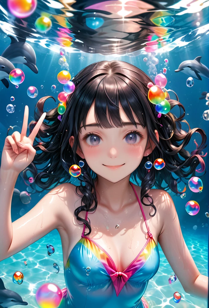 RAW Photos:1.2, masterpiece, Highest quality, 16K, Unbelievably absurd, Very detailed, Perfect beauty, Swim with beautiful dolphins underwater、swim with lots of Dolphin,bubble,1 girl,swim,Upper Body, Long, jet-black curly hair, Blunt bangs, Long sideburns, Wet Hair, Vibrant colors, Ultra-realism:1.2, Middle chest, Rainbow bubbles, Turn sideways and jump up into the sea, Water bubbles, Girl looks up, Peace sign pose, A shy smile, Mirror Effect:1.2,