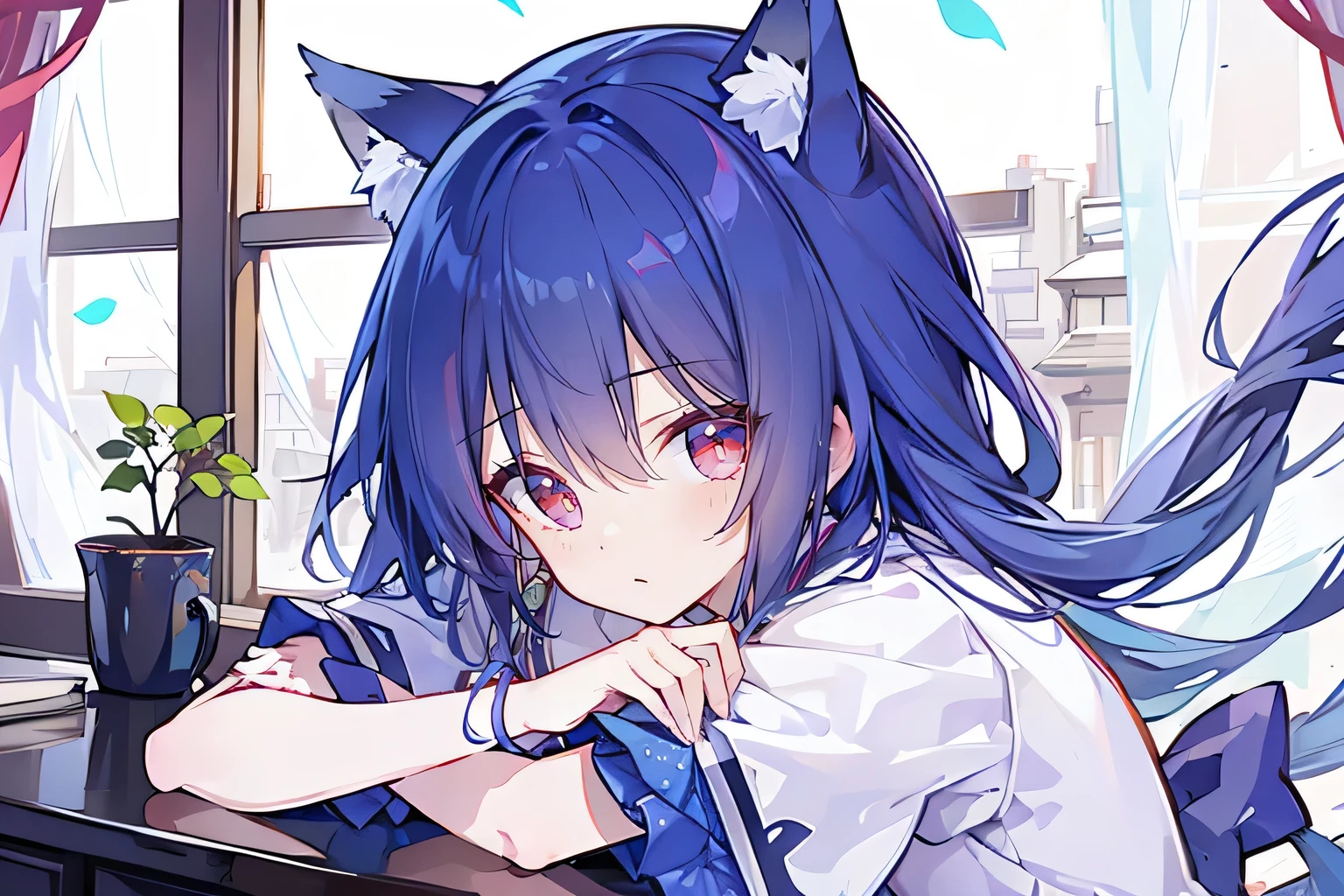 （masterpiece：1.2），Super detailed，lifelike，Expressive eyes，fair skin，perfect face shape，1 girl，
Japanese comics,Gorgeous blue hair,flowing blue hair,flowing clothes,Cat ears,Petals fall,beautiful lola,Baby Angel,
Shaking head with one hand，Cross your legs，Gentle and peaceful background，The pavilion is cool and comfortable,smile, wearing hoodie, background of tokyo,back views,snowing, winter,lie on the water.(Best Quality: 1.3), (Masterpiece: 1.3), (Illustration: 1.3), (Ultra Detailed: 1.3), (Imide Lens: 0.9), 1girl, Medium Breasts, Purple Eyes, ((Dark Blue Hair) ), hair accessories, young, clothing-gladiia, long hair, dark blue hair, indoors, black shorts, high socks, low ponytail, expressionless, upper body, close-up, coat, skirt,