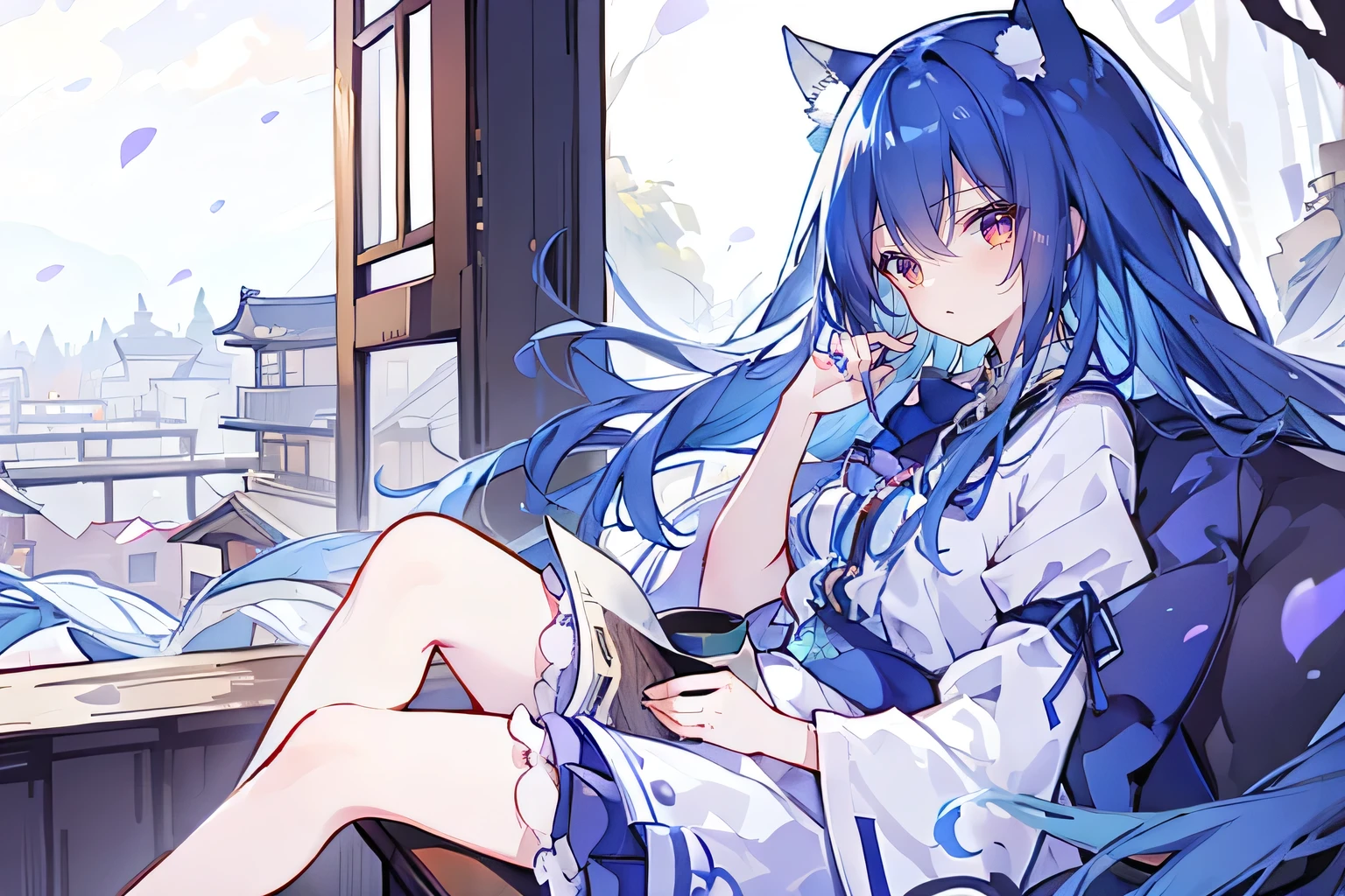 (Masterpiece:1.2),Ultra-detailed,lifelike,The eyes are expressive,Fair skin,Perfect face shape,1 girl,Japanese Manga,Gorgeous blue hair,Flowing blue hair,Flowing clothes,Cat ears,Petals falling,Smile,Tokyo background,background,heavy snow,winter.Highest quality,perfect face,sitting on window sill drinking coffee and looking out the window.