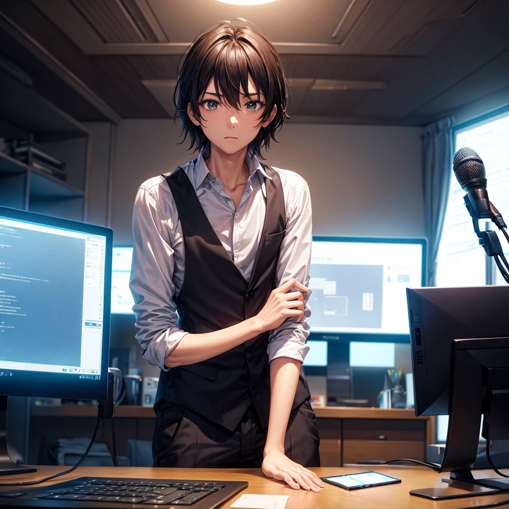 there is a man stand-up at a table with a mic, working on a laptop at a desk, in front of a rap, stand-up at a computer, stand-up in front of computer, hand on mic, sitting at a computer desk, stand-up at up left hand at mic, computer, advanced technology, ad image, professional, with a laptop on his lap, anime style, cinematic ,masterpiece, dark color