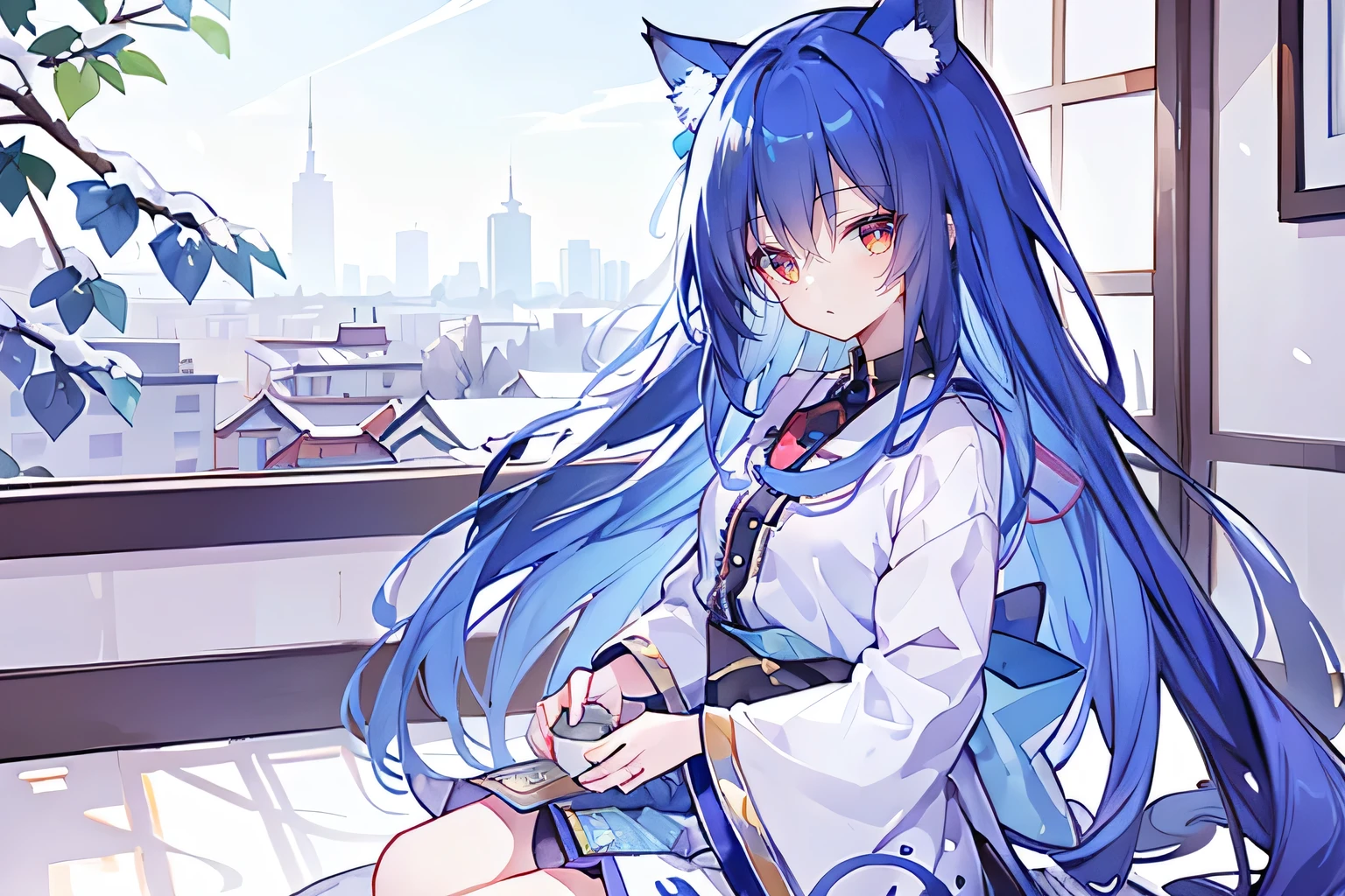 (Masterpiece:1.2),Ultra-detailed,lifelike,The eyes are expressive,Fair skin,Perfect face shape,1 girl,Japanese Manga,Gorgeous blue hair,Flowing blue hair,Flowing clothes,Cat ears,Petals falling,Smile,Tokyo background,background,heavy snow,winter.Highest quality,perfect face,sitting on window sill drinking coffee and looking out the window.