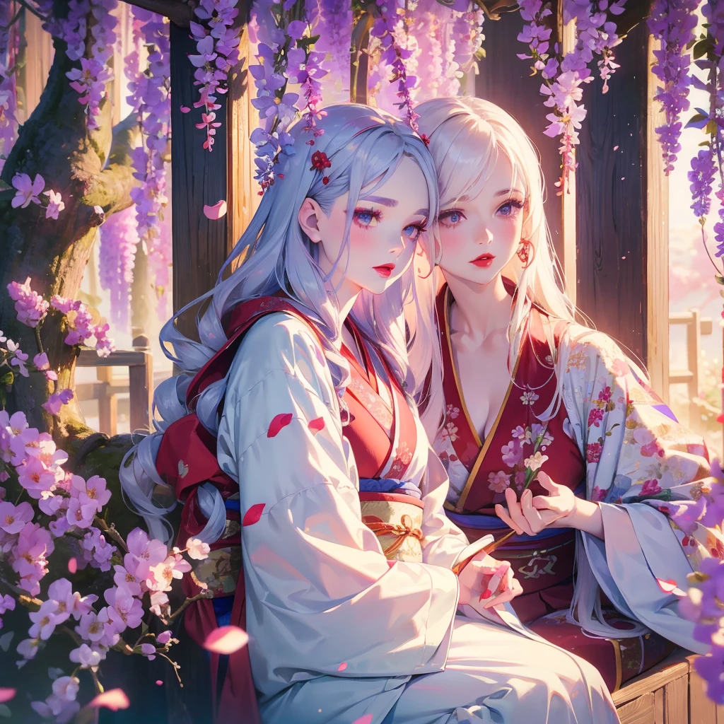 portrait of 1 beautiful woman,close face, wavy hair, pale skin, makeup, red lips, sitting, kissing flowers, , kimono, hanfu, floral print, (Beautifully Aesthetic:1.2),field, wisteria, peace, tranquility, serenity, petals