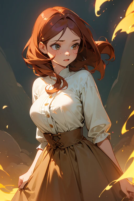 Luma is a gracious person, She is beautiful、Has a strong attitude, Her breasts are voluminous, Feminine pear-shaped silhouette, Auburn Hair, long Auburn Hair, She has expressive eyes, ( Eyes olive green) Her skin turns white、Light freckles on the cheekbones。, Big Breasts, farm, Brown rustic clothing, Bohemian style clothing, farmのボヘミアンファッションの服, Romantic atmosphere, The Light of the Fire, The fire shines, Half of the hair in the flower dress is straight.、Half of the hair has curled ends.。comics