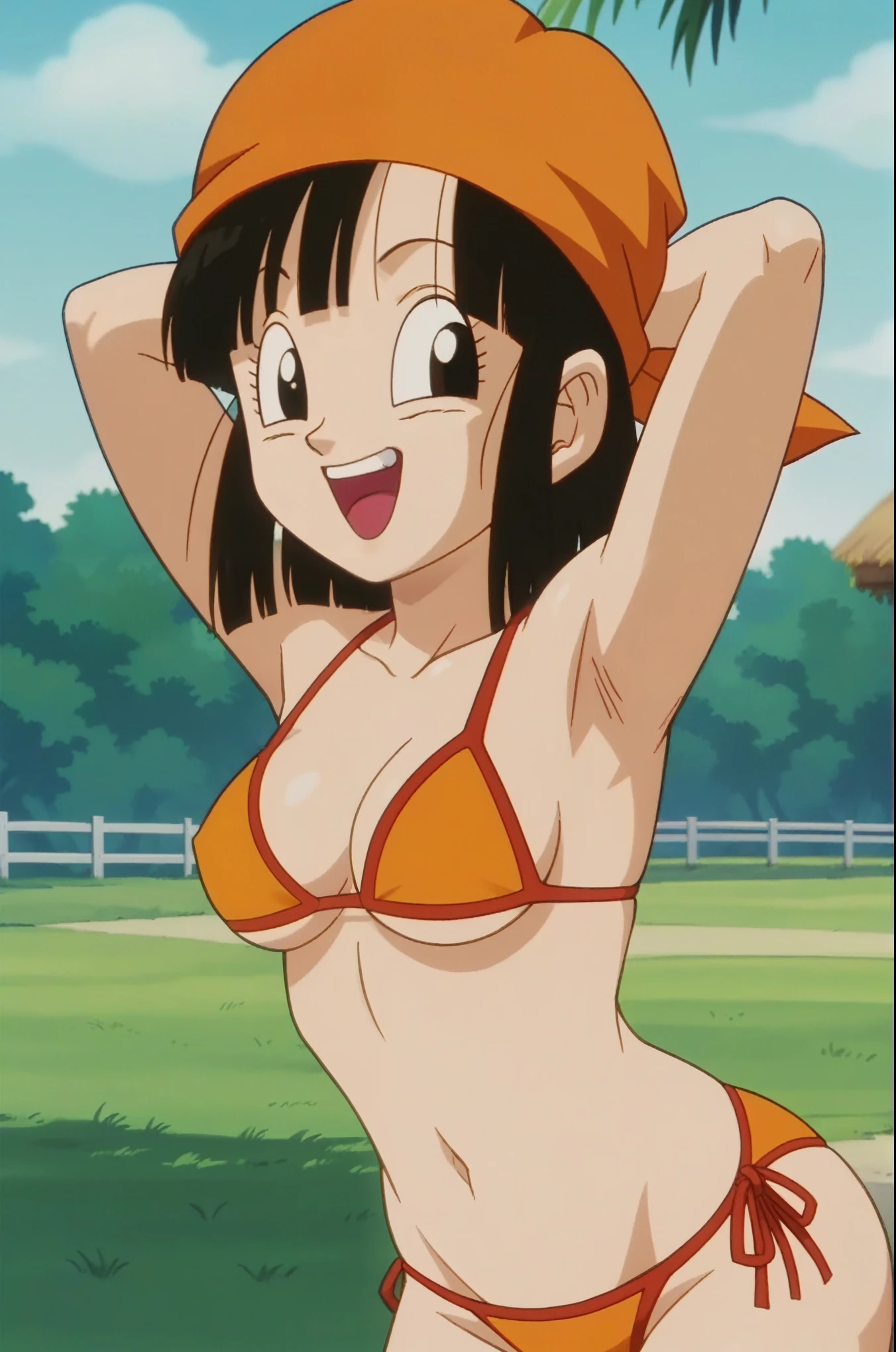 source_anime, score_9, score_8_up, score_7_up, anime screencap,
pangt, 1girl, solo, smile, open mouth, bangs, happy, pain, blushing, grass, black hair, field, collarbone,whole body :d, teeth, blunt bangs, outdoors, black eyes, arm up, eyelashes, upper teeth only, close-up, retro artstyle, , 1990s \(style\), orange headwear, tongue, arms up, short hair, wide hip, showing the ass, from behind, nude, tits, medium ass, vagina, medium breasts