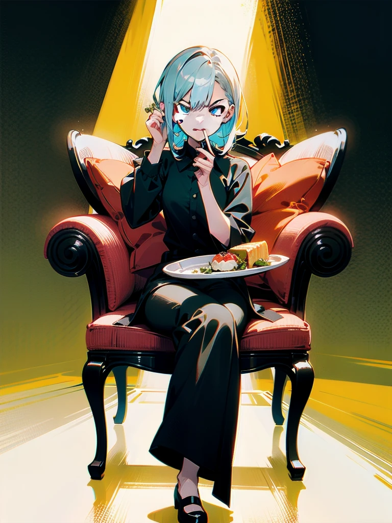 Angry girl biting a pillow, holding a fork and knife, angry facial expression, sitting pose, full body in the image