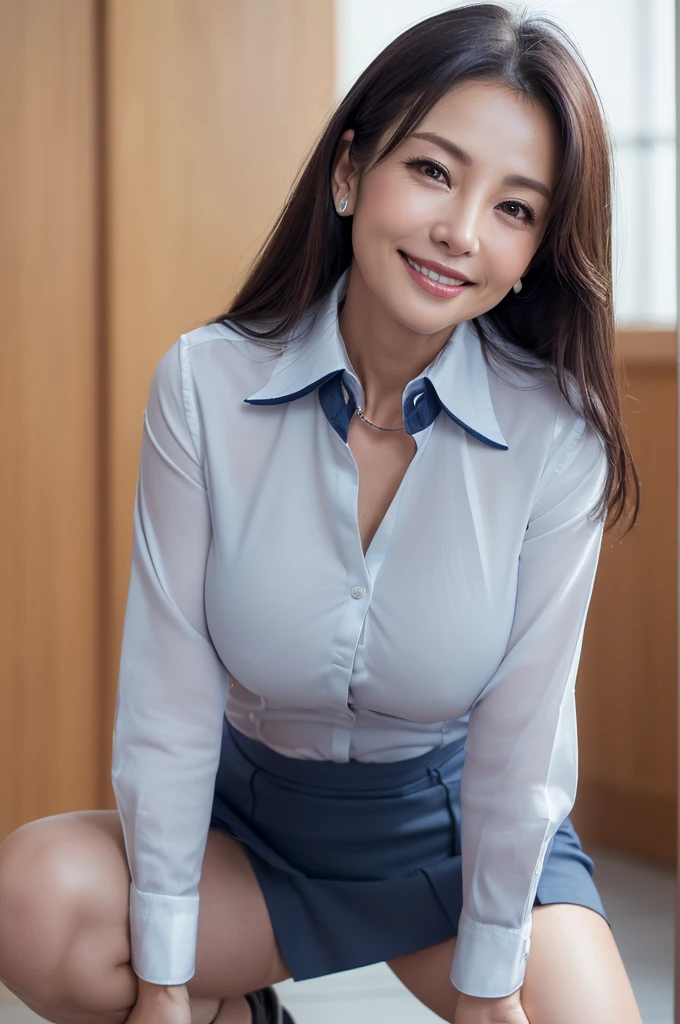 ((masterpiece))、((Highest quality))、photograph、reality、High resolution、Advanced Depth of Field、become close、Realistic lighting、Delicate facial features、Realistic background and accessories、(Tight buttoned business shirt)、(A tight-fitting white business shirt with a collar:1.5)、(A business shirt that accentuates the shape of the chest:1.5)、(short tight skirt of dark blue color,:1.5)、Sexy lips、(smile:1.5)、whole body、(Big Breasts:1.5)、(50 years old:1.5)、(Wrinkles around the eyes:1.3)、(Wrinkles around the mouth:1.3)、(Erect nipples:1.2)、(Crouching with legs apart:1.5)、(Angle from below:1.5)