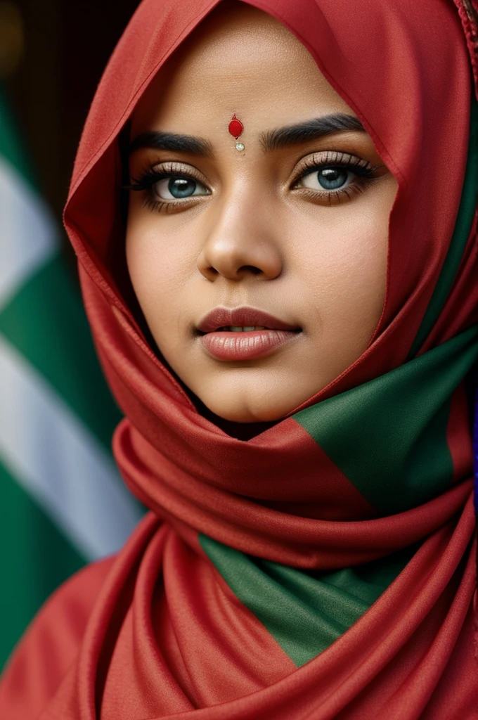 A close up girl wearing hijab , her eyes and lips are tied with red clothe , in the background there is a Bangladeshi flag 