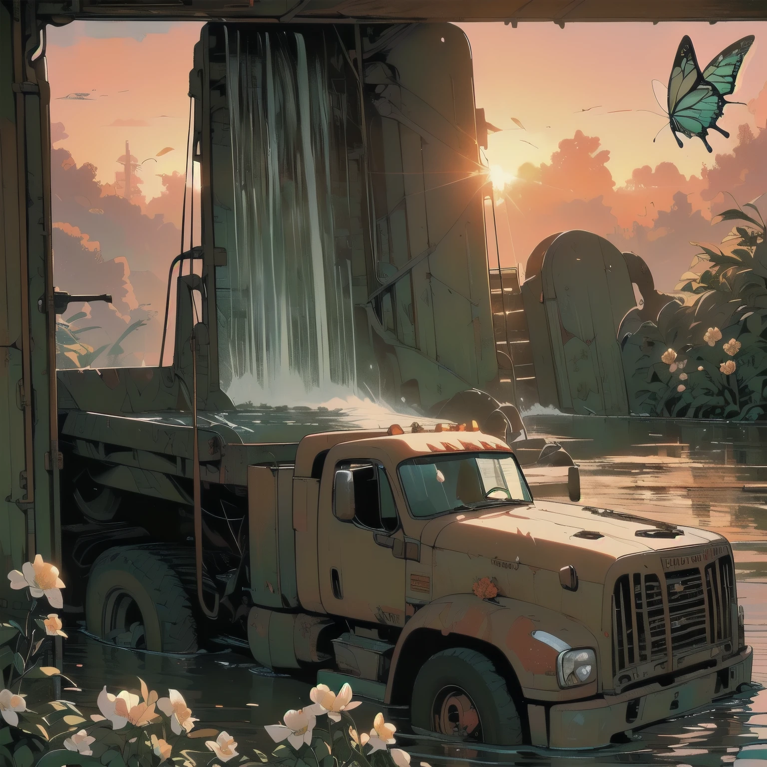 (((Masterpiece, Top Quality))), (((32K wallpaper))), detailed machinery, abandoned factory, stairwell, (((white flower field))), (((rusty white heavy truck))), gorgeous light leak, (((backlit))), detailed background, top quality, (((no humans))), collapsed heavy machinery, complex heavy machinery, pale lighting, (((very dull color )))), (((detailed rusty heavy truck))), (((lots of white flowers falling))), (((flowers growing out of rusty heavy truck))), (((lots of butterflies))), (((abandoned garage))), (((submerged))), (((waterfall falling from ceiling))), (((waterfall on heavy truck)))), (((( Bright red sunset))), (((detailed waterfall and water))), (((close up of heavy truck))