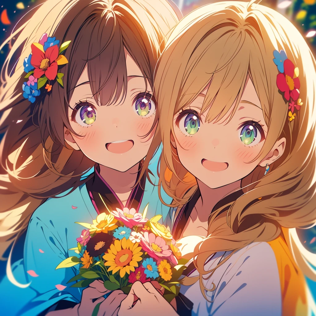 kawaii, anime, Cute, hyper quality, highly detailed, 8k, Clarity, Draw facial expressions in detail, Girl with long dark brown hair and green eyes, Girl with bright blonde side ponytail and violet eyes, hold hands, smile and laugh, celebration, bouquet, clear sky, Only two people are drawn, surrounded by colorful flowers, rainbow colored dress, Rich in color, colorful, Blur the background, pastel colour, highlight on eyes, 