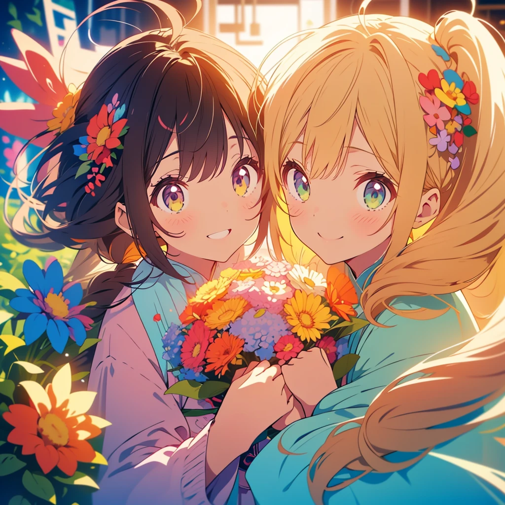 kawaii, anime, Cute, hyper quality, highly detailed, 8k, Clarity, Draw facial expressions in detail, Girl with long dark brown hair and green eyes, Girl with bright blonde side ponytail and violet eyes, hold hands, smile and laugh, celebration, bouquet, clear sky, Only two people are drawn, surrounded by colorful flowers, rainbow colored dress, Rich in color, colorful, Blur the background, pastel colour, highlight on eyes,