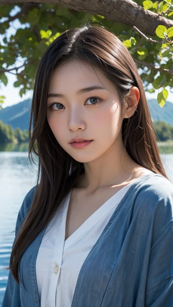 Japanese women、Clothes that do not expose skin、Close-up of face、lake