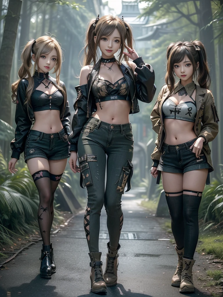 (Three Girls, 3 girls:1.5)、(Full Body View:1.3)、(Hostess:1.3)、(Smiling with teeth showing:1.3),(Shibuya Gal:1.5)、(Gothic ta gravure model:1.4)、(Loliashion:1.5)、(Punk RockVisual Kei:1.4)、(A modern short jacket in dark grey and moss green.:1.5)、(Tattered brown and charcoal denim low rise cargo pants:1.5)、(Mustard Yellow Headband:1.3)、(Charcoal and khaki striped knee socks:1.4)、collar、(Brown platform long boots)、(Clothing with logo pattern:1.4)、20-year-old、Browsing Caution,((Highest quality、In 8K、masterpiece:1.3))、Sharp focus:1.2、(Layered Cut、Huge breasts:1.1),Beautiful woman with perfect figure:1.4、(Doing an aerobics pose:1.3)、Slim Abs:1.2、Butt、Highly detailed face and skin texture、Fine grain、double eyelid,(Twin tails:1.3)、(Brown-golden hair:1.3)、Obscene、Idol Sculpture、(The landscape is a beautiful temple of water and forest:1.3)、(Slimming your legs:1.4)、(The body is slim:1.3)、(clavicle:1.1)