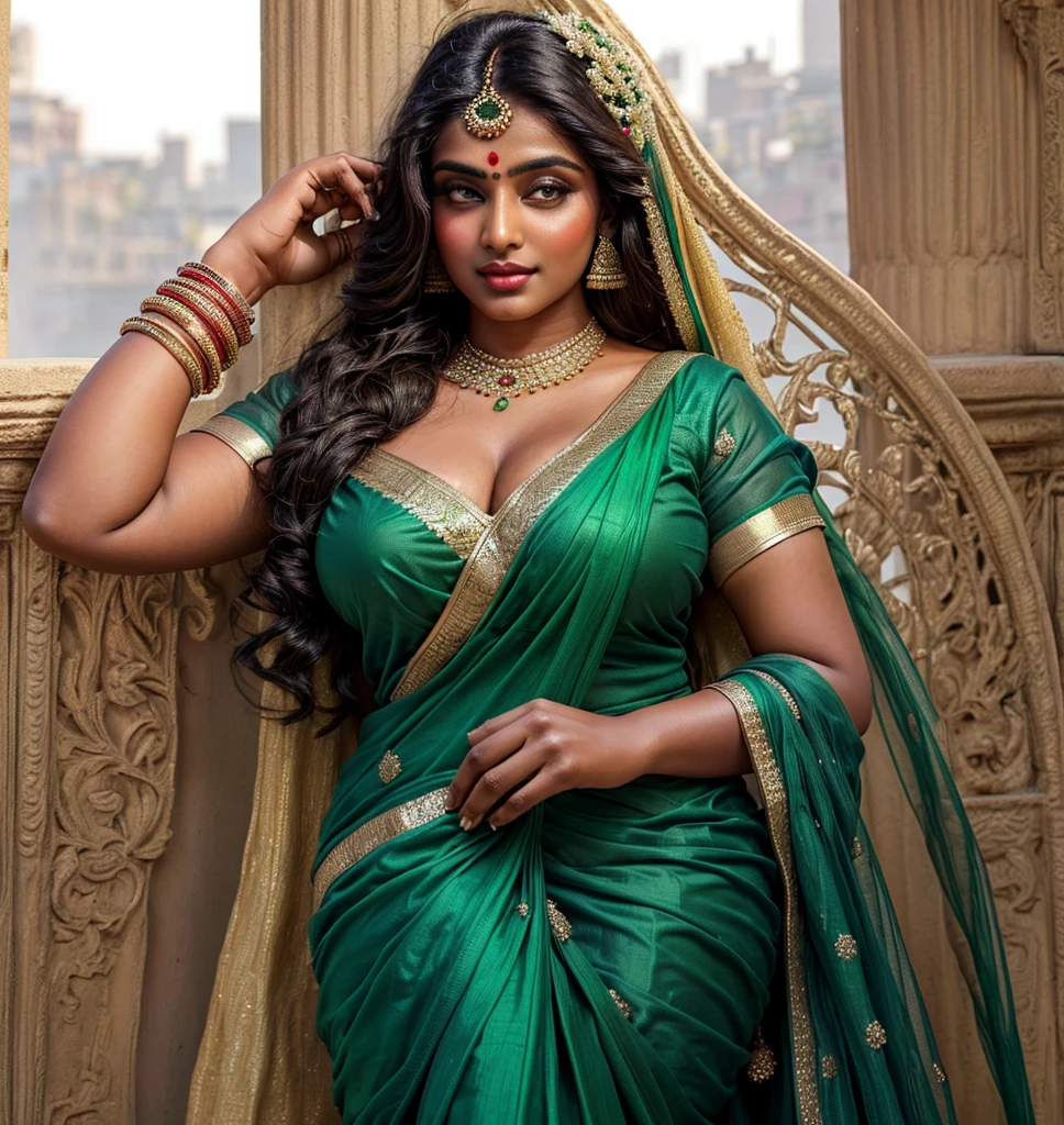 there is a woman in a green dress posing for a picture, indian, indian goddess, traditional beauty, lovely woman, sexy girl with dark complexion, dressed in a sari, gorgeous woman, trending on bbwchan, very beautiful woman, curvy, indian super model, sexy girl, jaw-dropping beauty, very very beautiful woman, with lovely look