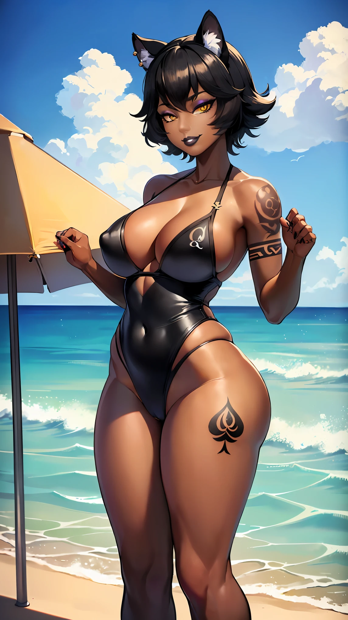 (solo:1.4),(masterpiece), (best quality:1.3), ultra detailed, intricate, professional art, digital art, absurdres, kalibelladonna, 1girl, bob hair, black hair, messy hair, cat ears, tanned skin, (tan skin:1.5), pierced cat ears, solo, Kalibelladonna wearing erotic lewd leopard print swimsuit at beach, (queen of spade symbol thigh tattoo:1.3),