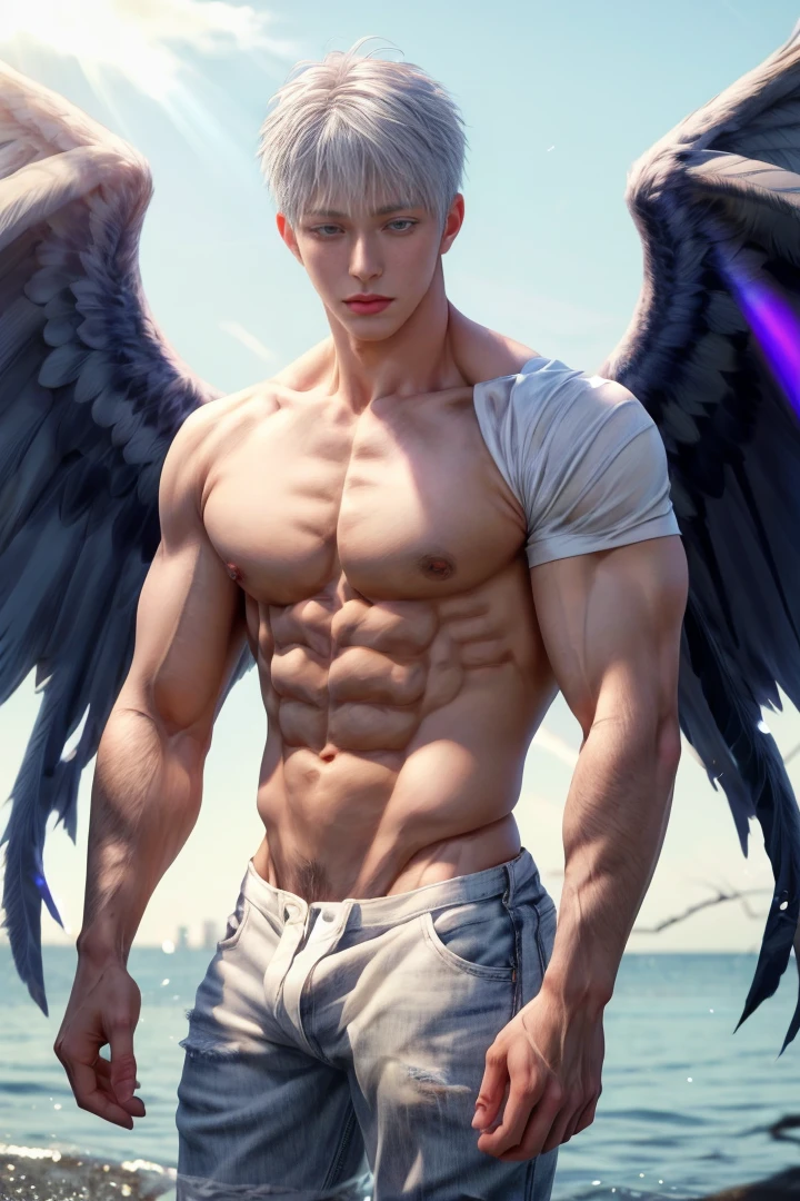 Japanese male model, adult, handsome, perfect face, detailed eyes and face, clean shaved, sixpack realistic, white eyebrow hair, white eyelashes, dynamic lighting, unreal engine 5, hd picture, satoru gojo, white hair, short hair ,hair between eyes ,blue eyes, white skin, Short jeans, Angel wings