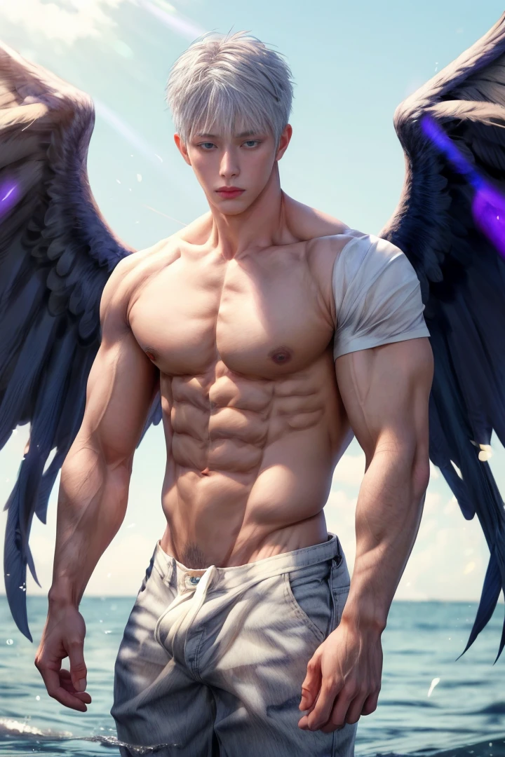 Japanese male model, adult, handsome, perfect face, detailed eyes and face, clean shaved, sixpack realistic, white eyebrow hair, white eyelashes, dynamic lighting, unreal engine 5, hd picture, satoru gojo, white hair, short hair ,hair between eyes ,blue eyes, white skin, Short jeans, Angel wings