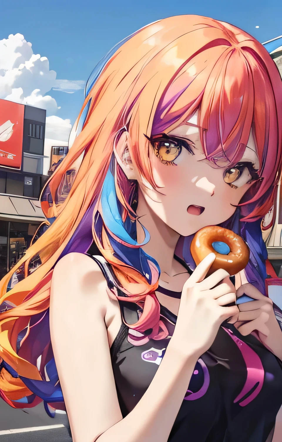 One Girl、Purple and orange two-tone hair、Hairstyle、long、Yellow Eyes、Clear Eyes、Slanted Eyes、Open your mouth a little、Are standing、Hold a donut in your right hand、blue sky、tsurime, Yellow Eyes、Overlooking、アニメ, uhd, super detail