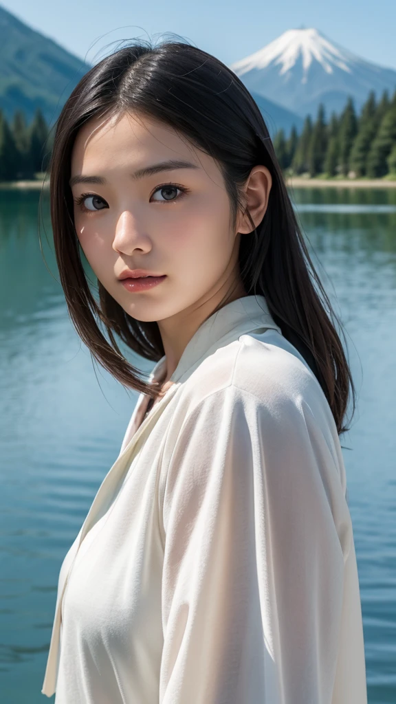 Japanese women、Clothes that do not expose skin、Close-up of face、lake