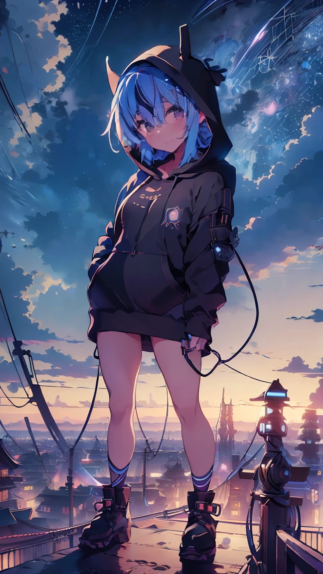 masterpiece, Highest quality, High resolution, Very detailed,(((Mikoto Naruka))), (((City)))、(((electric wire)))、(((smile)))、(((Standing in the distance))), (((Wearing a black hoodie。))), Electric pole, night, (((Starry Sky)))