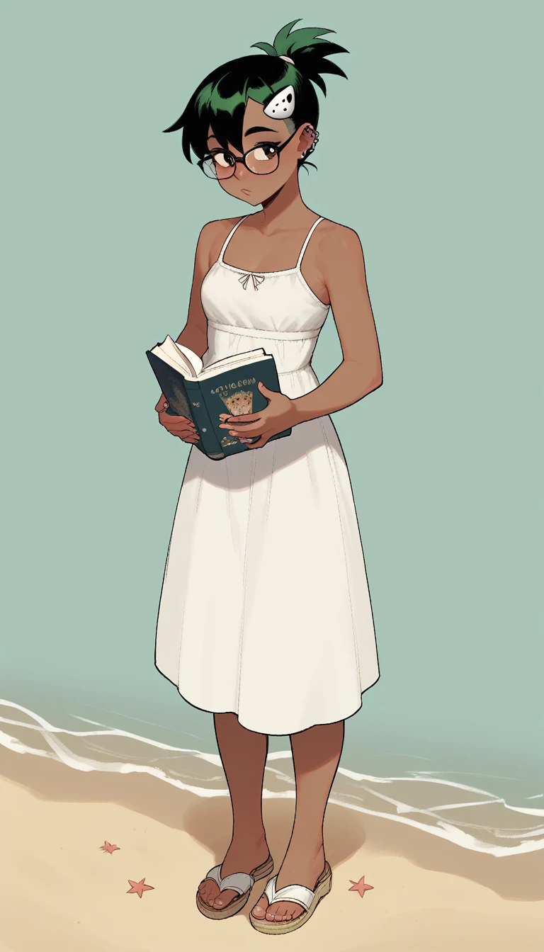 bright green hair, and a ponytail, beach, tropical, glasses, character full body portrait, full body, a character portrait, reading book, teen female emo art student, white sundress, black hair pins, dark skin, full body character portrait, inspired by Eiichiro Oda, sandals,
