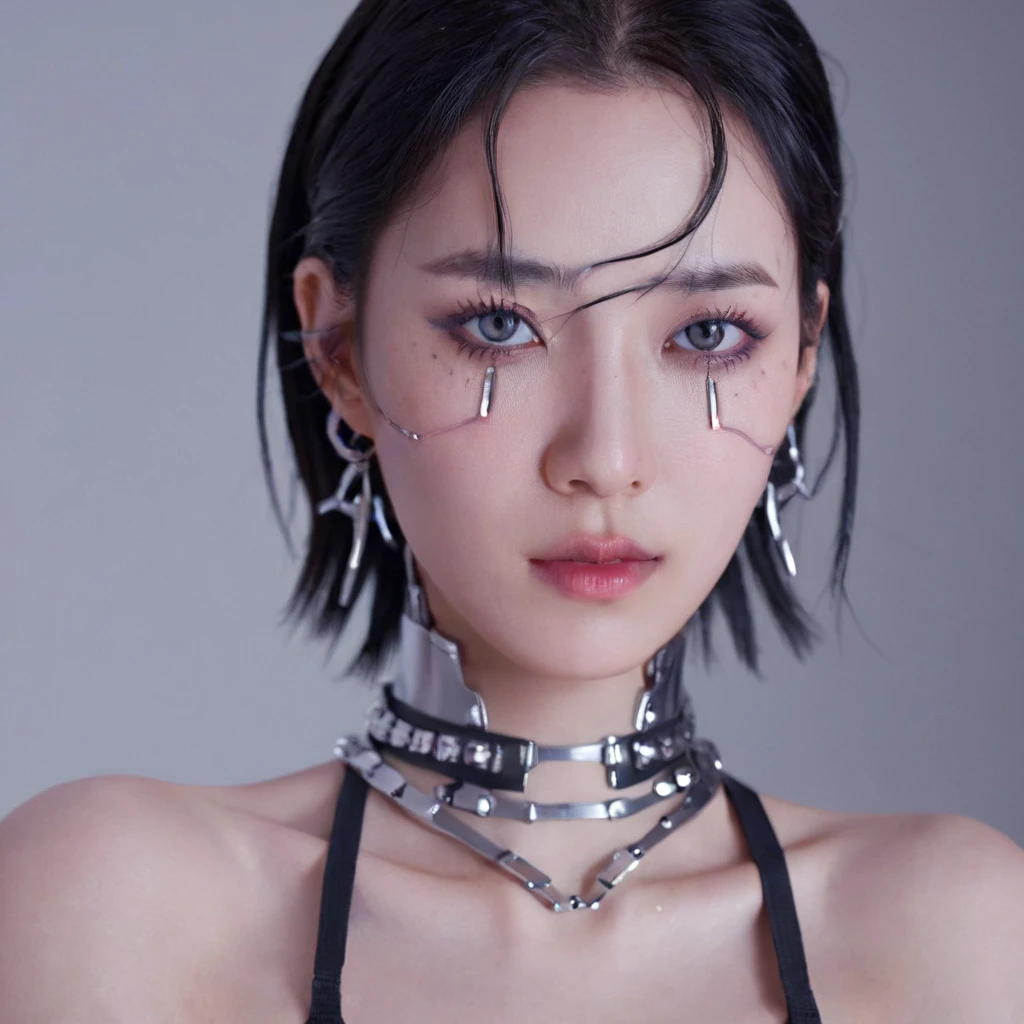 A stunning 4K photo-realistic image of a cyberpunk demi-human girl with an Asian face. Her visage is adorned with intricate machine implants, including a sleek silver visor that covers her eyes, revealing only a small slit for vision. These implants enable advanced sensory input and communication with her cybernetic systems.

Her skin is pale, with visible scars that tell a story of her past battles and a faint line where her flesh meets the cold metal of her implants. The seams are barely noticeable, indicating skilled integration between her organic and mechanical components.

Her hair is black, spiked up in an aggressive yet stylish manner. Small LED lights are integrated into the strands, flickering with various colors to match her mood. The hair is a statement piece, reflecting her rebellious spirit. The overall atmosphere of the image is captivating, photo, her body is embedded with mechanical implants under the skin, cyborg arms,  cyberware lines embedded in her face, , (Photorealsitic)、(intricate detailes:1.2)、(​masterpiece、:1.3)、beauty face, (top-quality:1.4)、(超A high resolution:1.2)、超A high resolution、(A detailed eye)、(detailed facial features), ((Realistic lighting、top-quality、8K、natural light, ​masterpiece:1.3))、bright photo, Clear focus:1.2、1girl in、flawless beauty:1.4、Superfine Face、big Narrow-eyed、double eyelid、photos realistic, perfect eyes, perfect skin, detailed skin, detailed face, looking viewer, front view, potrait, raw photo, simple soft pink background, (intricate detailed skin textured:1.4) front view, looking viewer, clear face, 1 girl、porate、Bright and very beautiful face、beautiful girl, A stunning close-up portrait showcasing the beauty of a Korean model. The composition features soft, natural lighting , bright eyes, and striking cheekbones. wearing armor implant