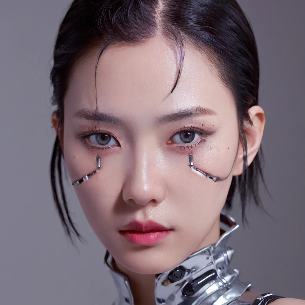 A stunning 4K photo-realistic image of a cyberpunk demi-human girl with an Asian face. Her visage is adorned with intricate machine implants, including a sleek silver visor that covers her eyes, revealing only a small slit for vision. These implants enable advanced sensory input and communication with her cybernetic systems.

Her skin is pale, with visible scars that tell a story of her past battles and a faint line where her flesh meets the cold metal of her implants. The seams are barely noticeable, indicating skilled integration between her organic and mechanical components.

Her hair is black, spiked up in an aggressive yet stylish manner. Small LED lights are integrated into the strands, flickering with various colors to match her mood. The hair is a statement piece, reflecting her rebellious spirit. The overall atmosphere of the image is captivating, photo, her body is embedded with mechanical implants under the skin, cyborg arms,  cyberware lines embedded in her face, , (Photorealsitic)、(intricate detailes:1.2)、(​masterpiece、:1.3)、beauty face, (top-quality:1.4)、(超A high resolution:1.2)、超A high resolution、(A detailed eye)、(detailed facial features), ((Realistic lighting、top-quality、8K、natural light, ​masterpiece:1.3))、bright photo, Clear focus:1.2、1girl in、flawless beauty:1.4、Superfine Face、big Narrow-eyed、double eyelid、photos realistic, perfect eyes, perfect skin, detailed skin, detailed face, looking viewer, front view, potrait, raw photo, simple soft pink background, (intricate detailed skin textured:1.4) front view, looking viewer, clear face, 1 girl、porate、Bright and very beautiful face、beautiful girl, A stunning close-up portrait showcasing the beauty of a Korean model. The composition features soft, natural lighting , bright eyes, and striking cheekbones. wearing armor implant