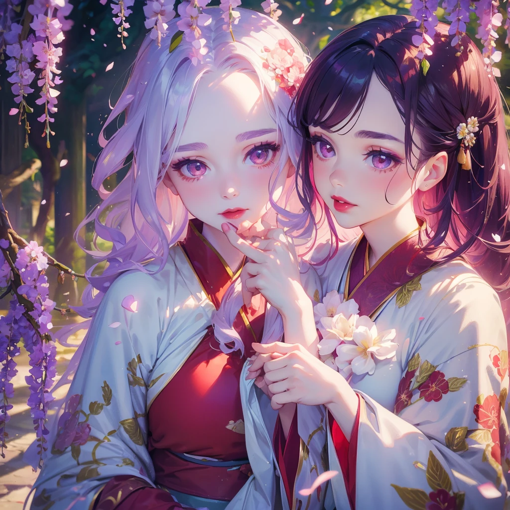 portrait of 1 beautiful woman under wisteria,close face, wavy hair, pale skin, makeup, red lips, sitting, kissing flowers, , kimono, hanfu, floral print, (Beautifully Aesthetic:1.2),field, wisteria, peace, tranquility, serenity, petals