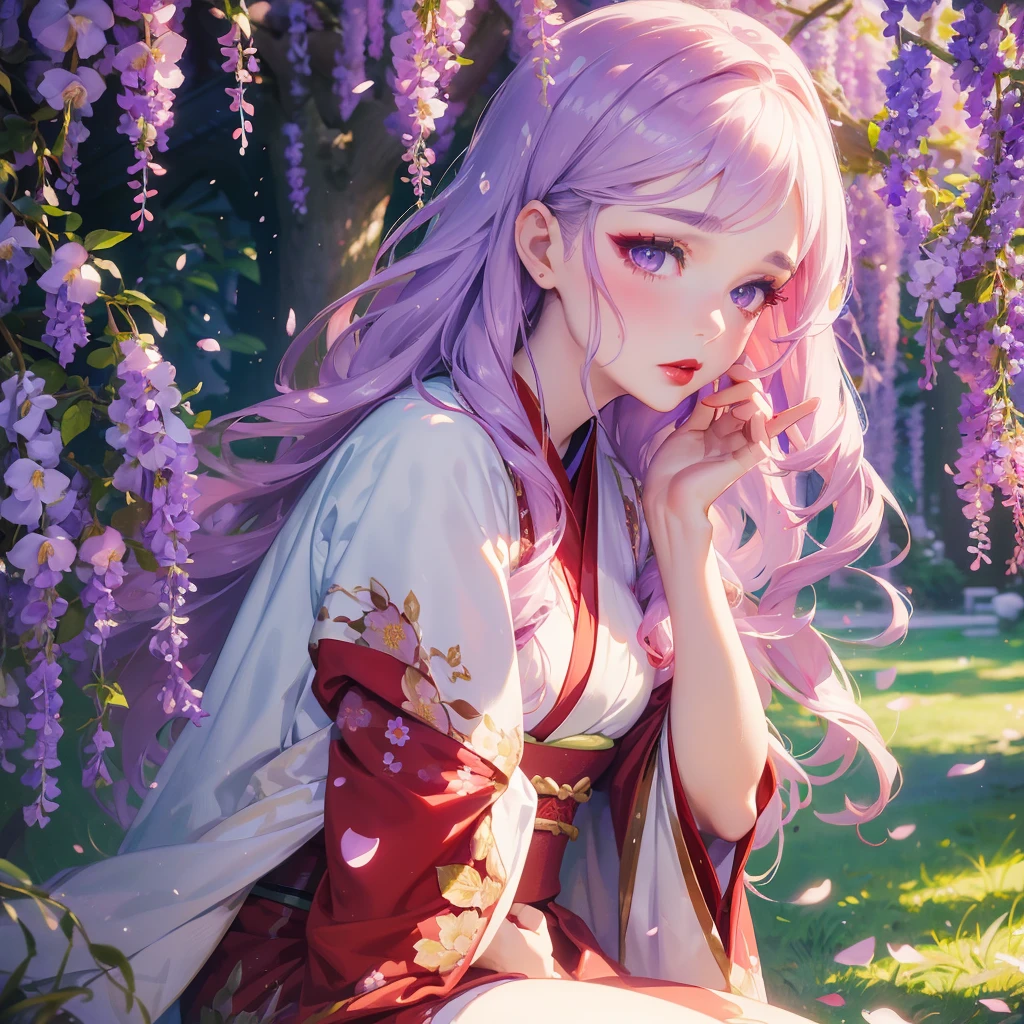 portrait of 1 beautiful woman under wisteria,close face, wavy hair, pale skin, makeup, red lips, sitting, kissing flowers, , kimono, hanfu, floral print, (Beautifully Aesthetic:1.2),field, wisteria, peace, tranquility, serenity, petals
