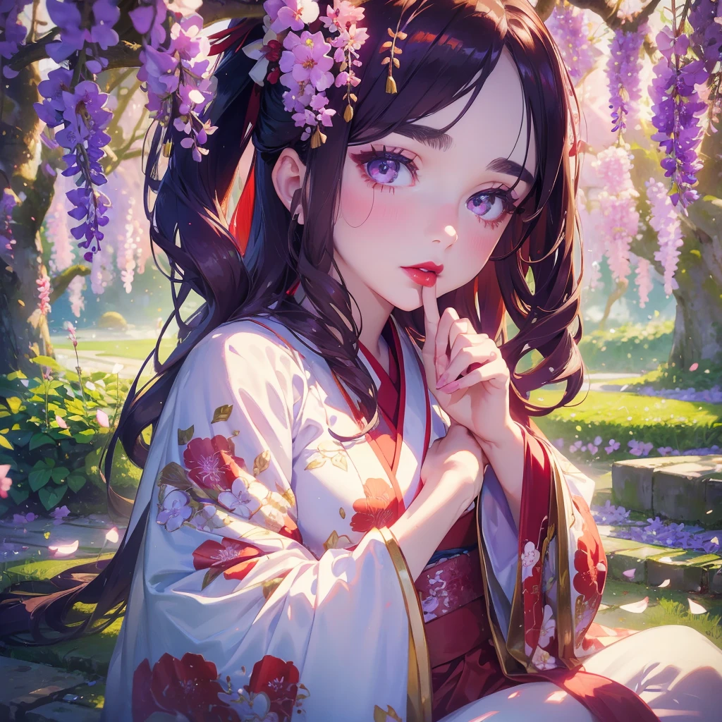 portrait of 1 beautiful woman under wisteria,close face, wavy hair, pale skin, makeup, red lips, sitting, kissing flowers, , kimono, hanfu, floral print, (Beautifully Aesthetic:1.2),field, wisteria, peace, tranquility, serenity, petals