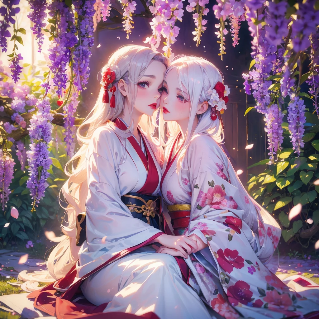 portrait of 1 beautiful woman under wisteria,close face, wavy hair, pale skin, makeup, red lips, sitting, kissing flowers, , kimono, hanfu, floral print, (Beautifully Aesthetic:1.2),field, wisteria, peace, tranquility, serenity, petals