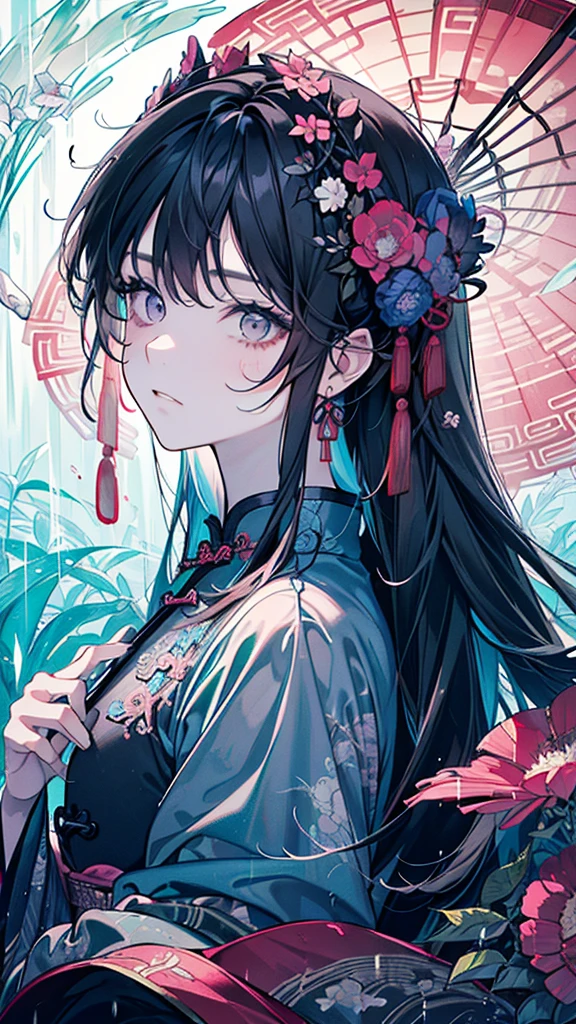 ((Girl)),(Black Hair:1.3),(Long hair:1.3),(Chinese single layer clothing:1.45),(blue、Pink and gray),Close-up of face:1.0,(rain:1.2),(Spider lilies々:1.2),(calm countenance:1.2),(Japanese umbrella:1.3),((high quality:1.2)),((Beautiful images:1.2)),((Perfect graphics:1.2))