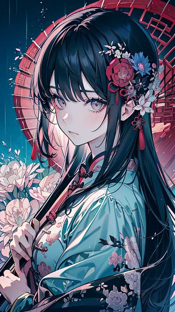 ((Girl)),(Black Hair:1.3),(Long hair:1.3),(Chinese single layer clothing:1.45),(blue、Pink and gray),Close-up of face:1.0,(rain:1.2),(Spider lilies々:1.2),(calm countenance:1.2),(Japanese umbrella:1.3),((high quality:1.2)),((Beautiful images:1.2)),((Perfect graphics:1.2))