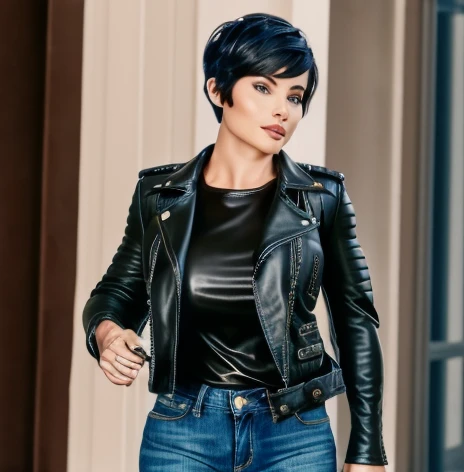 masterpiece, high quality,1 girl,One,big breasts , short hair, (hair between eyes),(00BFFE pixie haircut),  Sad face,(Flared jeans, sweater, leather jacket)