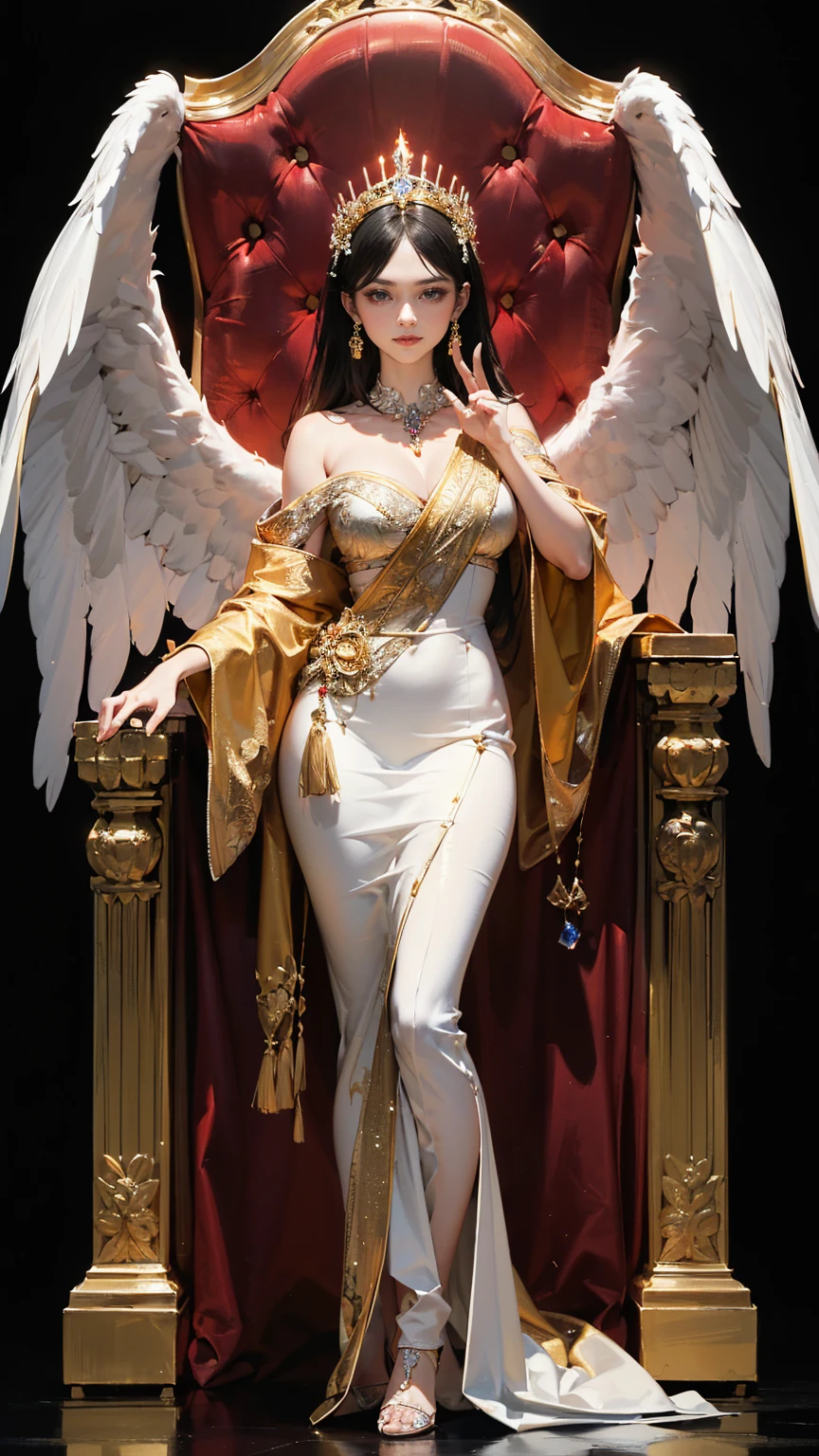 (ultra-detailed, photorealistic, best quality, 4k, 8k, highres, masterpiece:1.3), Empress Xifeng, also known as The Eternal Flame, , She is depicted as an ethereal beauty, flawless porcelain skin, long flowin black hair, eyes are a mesmerizing shade of amethyst, reflecting both wisdom and mystery, wearing a Top: An exquisite gown made from the finest silks, adorned with intricate embroidery and precious jewels in shades of gold, red, and purple, Accessories: An elaborate headdress featuring phoenix motifs and precious stones, Background: Elements of the imperial palace with grand pillars, opulent tapestries, and a majestic throne, The atmosphere is serene and majestic, emphasizing her divine beauty and wisdom, (((intricate detail, super finely detailed hands, ultra finely detailed fingers, ten fingers, standing regally, full body showcase, show full body))).