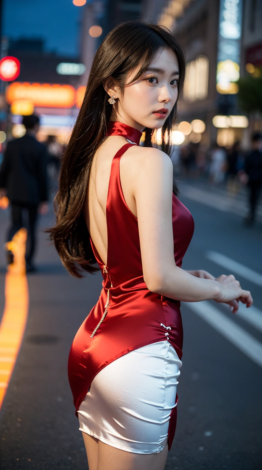 8k,masterpiece,RAW photos,best quality,Detail:1.2),henthal realism,Highly granular CG integration 8k,8k,diamonds and wallpapers,depth of field photography film light,Lens Flash,light tracking,(Very pretty look,beautiful lips,beautiful eyes),A face with intricate details,((Super Detail Skins))1 girl,Korean Female Model,어둠 속의 어두운 night,deep shadows,pretty korean girl,kpop idol,(very slim, slim and muscular body.:1.3),(View audience),(tight miniskirt),((red dress:1.4)),(injection sleeve),(도시의 night,(neon sign),(night),Beautiful Korean girl earrings,wristband,choker necklace,Lace-up pantyhose,clear eyes,walk,(pale skin),facing forward,(big eyes),((Upper body shot)),tight clothes.,((silk dress:1.4)),Lace-up dresses,see through dress,turn around,rear shot,very slim,slander,slander, Crowded city streets:1.3