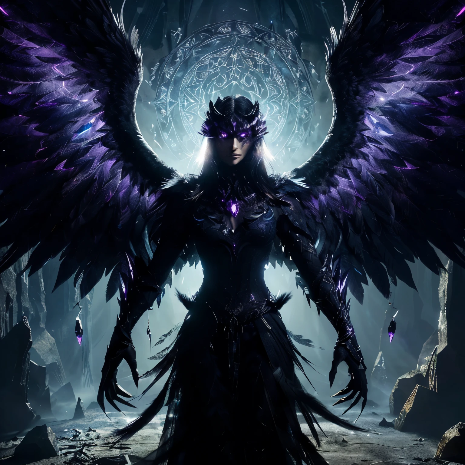 Azaziel Krow, 20 inches tall with a sleek and muscular build, black feathers and an ethereal glow, stands in a shadowy cave with ancient runes and glowing crystals. Wide wings shimmering in black and dark purple, reflecting the underworld. Close-up view from the front, imposing silhouette, intricate patterns on wings, eyes glowing with eerie light, black with a hint of purple, strong sharp beak, long slender tail with shimmering feathers, strong legs with sharp talons adorned with glowing gemstones. Dim natural lighting, mysterious and eerie atmosphere, aura pulsing with otherworldly energy