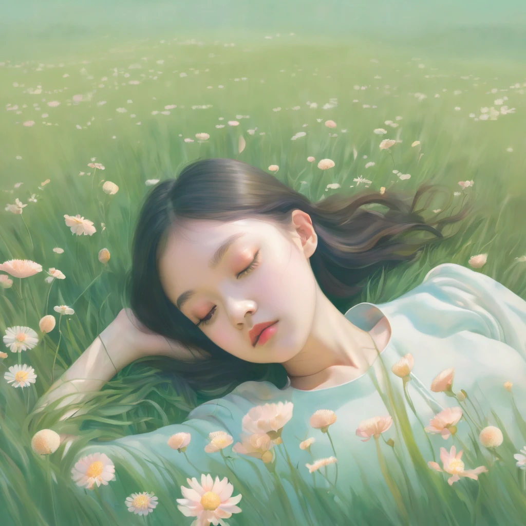 a painting of a girl laying in a field of grass, dreamy illustration, blurry and dreamy illustration, girl floating in a flower field, blurred and dreamy illustration, a beautiful artwork illustration, dreamy art, lost in a dreamy fairy landscape, inspired by Hsiao-Ron Cheng, floating in perfume, dreamy painting of coronavirus, lie on white clouds fairylan