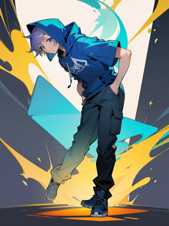 Masterpiece、Flashy short sleeve hoodie、Hooded、male、Lean forward and put your hands in your pockets、cargo pants、Full-body portrait
