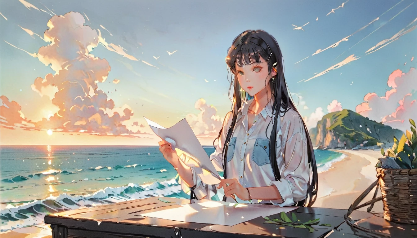 (((How to cut paper))), 1 girl, Medium Black Hair, Straight hair, portfolio, shirt, denim, Sea and Sky